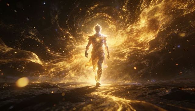 Walking golden cosmic warrior emitting plasma cape and molten armor energy, ethereal halo