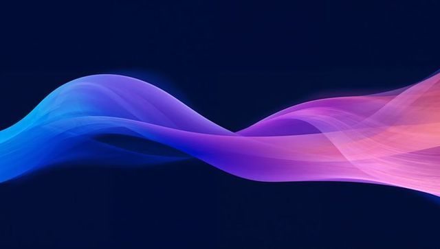 Flowing multicolored ribbon gradient across deep navy background glowing cyan to peach