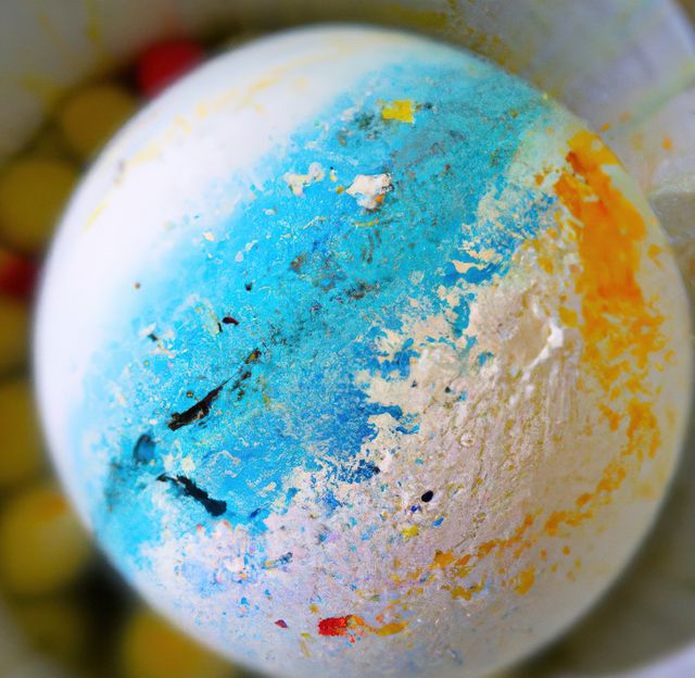 Close up of blue, white and yellow bath bombs in bowl. Bath bombs, bath and colors concept.