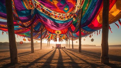 Vibrant canopy on sunlit field at dawn with bohemian artwork