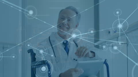 Doctor Using Digital Tablet with Network Connections Overlay