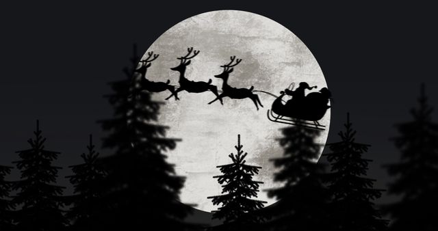 Santa Claus Silhouette and Reindeers in Full Moon Lit Night - Download Free Stock Images Pikwizard.com