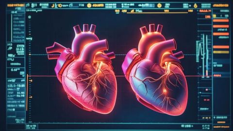 Futuristic anatomical hearts displayed on medical monitor, cardiovascular diseases topic
