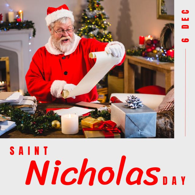 Santa Claus Reading Scroll for Saint Nicholas Day Celebration - Download Free Stock Templates Pikwizard.com