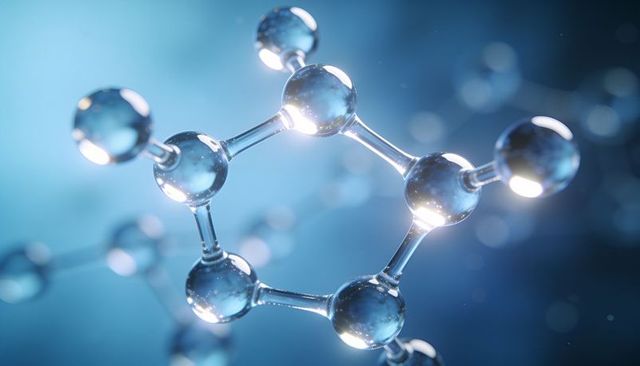 Forming glasslike molecular hexagon model with glossy spheres and connecting bonds
