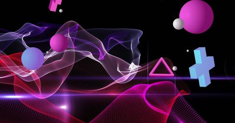 Colorful geometric shapes with glowing digital waves