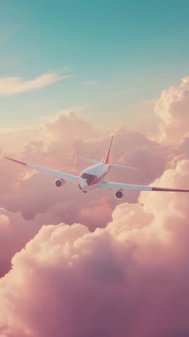 Approaching twin-engine airliner soaring through pink cloud deck at sunrise — vertical video