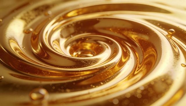 Glossy golden vortex spiral closeup liquid metallic swirl with glittering bubbles shimmer