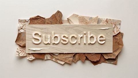 Displaying subscribe typography carved in pale wood plank over neutral torn paper collage