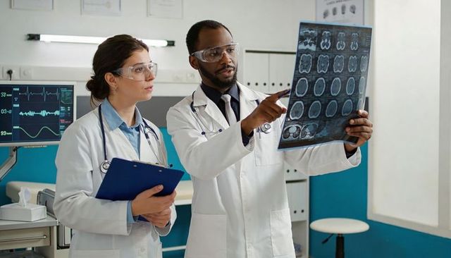 Medical team examining brain scans in clinic with mri film and vital monitor