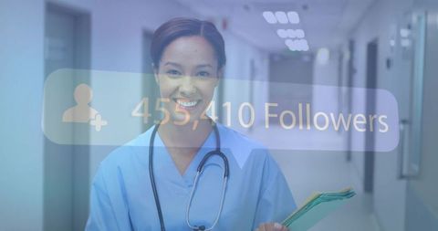Nurse Engaging Audience with Social Media Overlay in Hospital