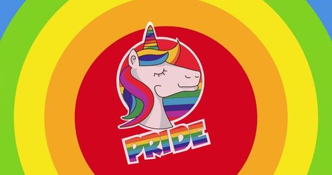 Rainbow unicorn pride emblem with multicolor mane, horn and bold retro rings