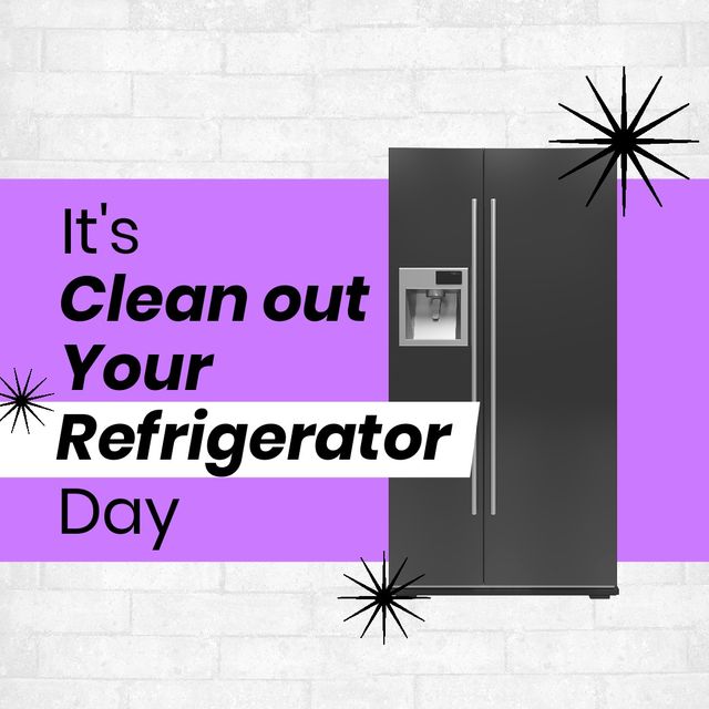 Square image of clean out refrigerator day text in black on purple, with modern fridge freezer. Awareness celebration, domestic life, health and cleanliness concept digitally generated image.
