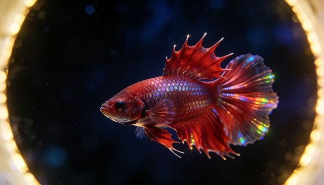 Iridescent red betta swimming with opalescent fins and golden led halo
