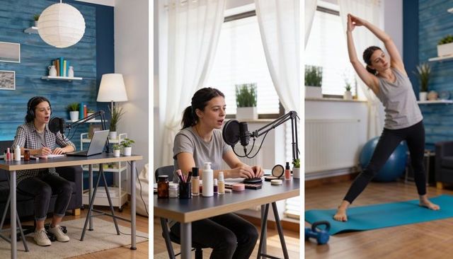 Home creator triptych: podcasting, makeup tutorial, morning yoga stretch in blue studio