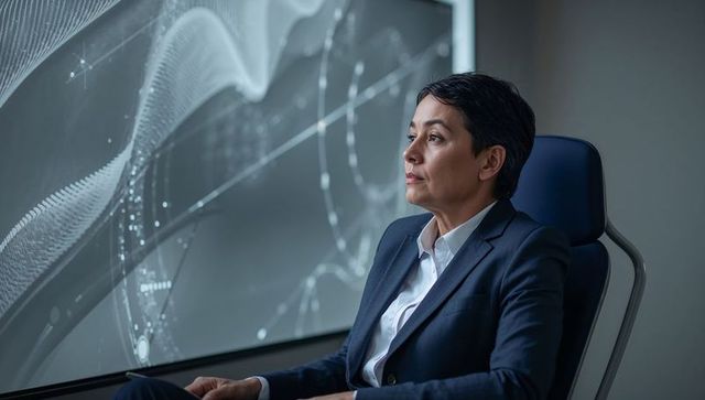 Midlife asian executive studying futuristic data visualization in minimalist office