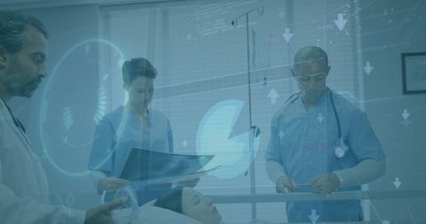 Medical Team Analyzing Patient Data and Technology Overlay