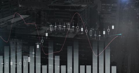 Financial market data illuminates urban skyline with candlestick chart