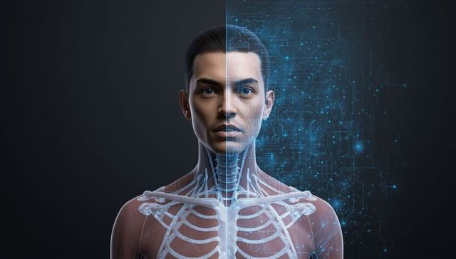 Half human half digital skeleton concept illustration