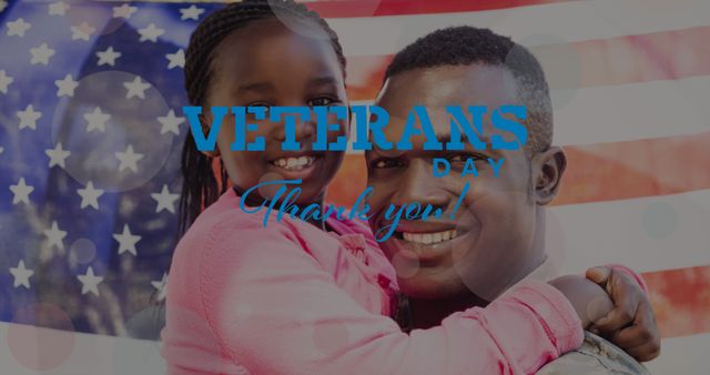 Image of veterans day text over father with daughter and american flag. patriotism and celebration concept digitally generated image.