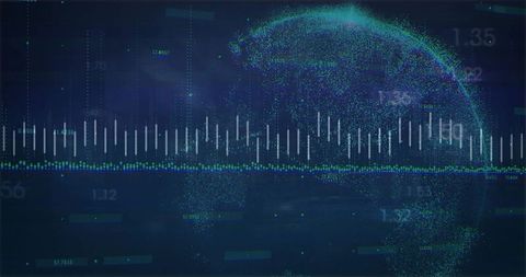 Rotating data globe with pulsing bars and spiking line visualizing real-time analytics