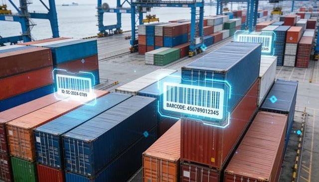 Smart port logistics with holographic barcode tracking on stacked shipping containers