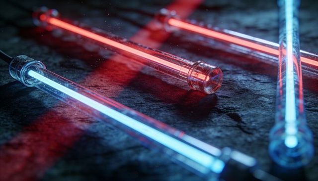 Glowing cyan and crimson neon glass tubes lying on textured dark stone surface
