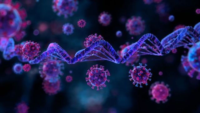 Viral particles orbiting dna helix in microscopic digital art