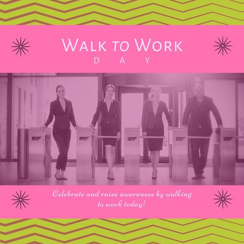 Celebration of walk to work day with smiling business colleagues