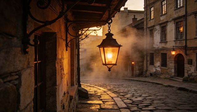 Glowing vintage lantern casting amber light on misty curved cobblestone street at dusk