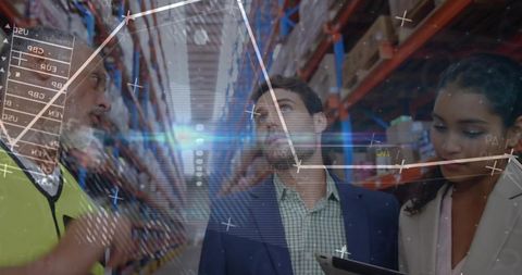 Warehouse team collaborating with inventory data integration