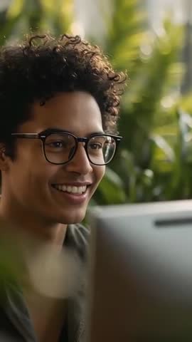 Young Man Wearing Glasses Smiling While Working at Home Desk with Plants, Vertical Clip