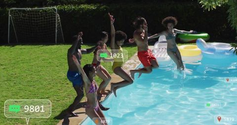 Friends jumping into backyard pool with social media notification bubbles, summer splash fun