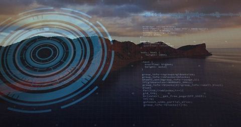 Coastal hud overlay casting dusk glow with concentric interface rings, code and waveform