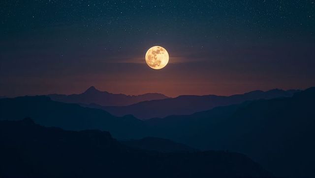 Full Moon Over Mountains at Dusk with Starry Sky Panoramic