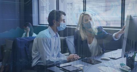 Masked Professionals Collaborating on Digital Financial Analysis