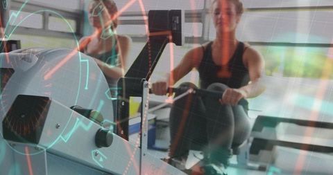 Woman Rowing on Ergometer with Futuristic HUD Overlay for High-Intensity Cardio