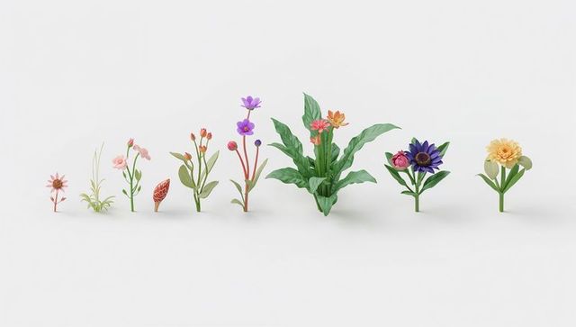Stylized row of colorful flowering plants on clean white background, minimalist botanical display