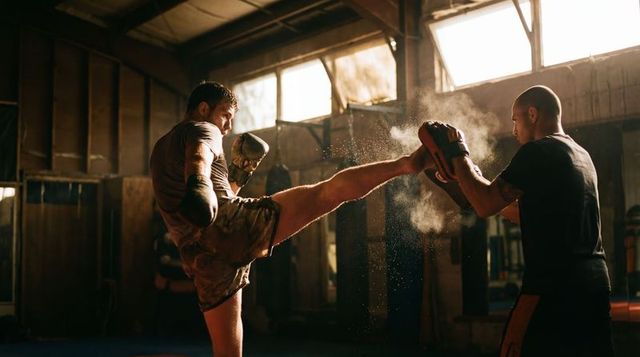 Backlit fighter delivering high roundhouse kick in gritty rustic gym training session