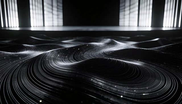 Glossy Wavy Sculpture with Grooved Rings and Reflective Lines Backlit by Vertical Panels