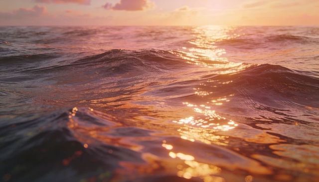 Golden sunset lighting rippling ocean waves with sparkling reflections and horizon glow
