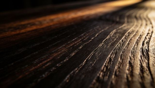 Weathered dark wooden plank revealing deep grain grooves and varnish sheen, moody lighting