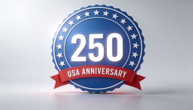 Blue 250 usa anniversary seal with red ribbon and star ring glossy milestone badge