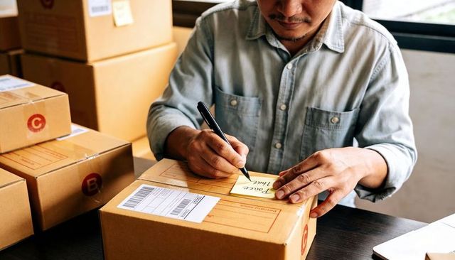 Man labeling parcels writing shipping note on cardboard box at business packing workstation