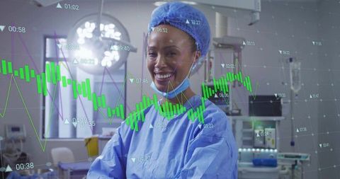 Smiling Surgeon in Operating Room with Financial Graph Overlay