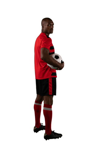 Serious football player with soccer ball on transparent background