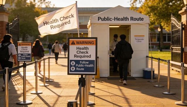Campus health checkpoint guiding students to temporary public-health clinic at sunset
