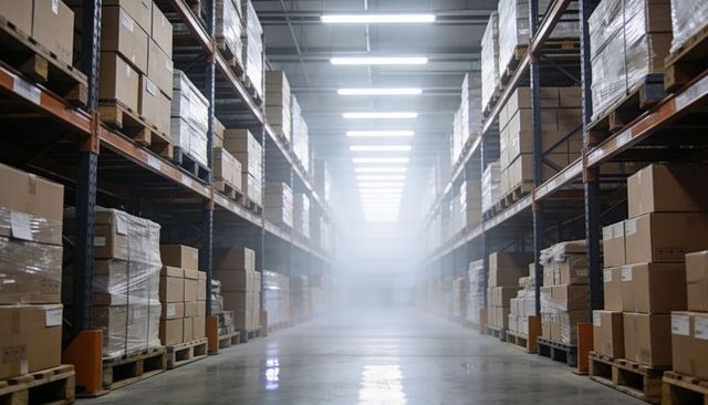 Center aisle receding into bright haze in modern warehouse with pallet racking