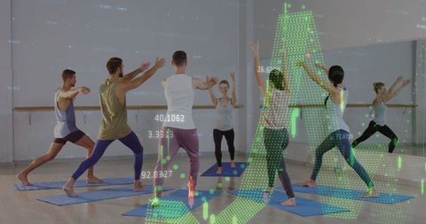 Yoga class in fitness studio with digital data overlay