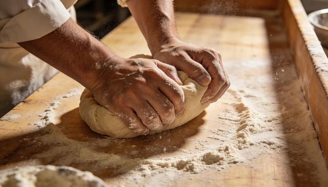 Baker Kneading Dough on Floured Wooden Bench, Rustic Artisan Breadmaking Closeup